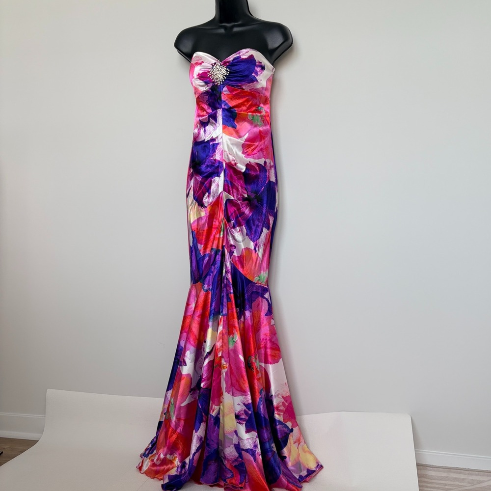 Cache Y2K Strapless Floral Mermaid Gown Rhinestone Accent Size 4 Pink Purple